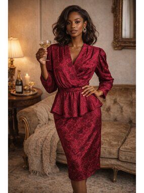 Vintage PATRA Dress 13/14 Red Jacquard Peplum Cocktail Party Midi